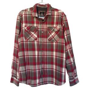 prAna Shirt Mens Medium Red Gray Plaid Flannel Button Down Long Sleeve Casual